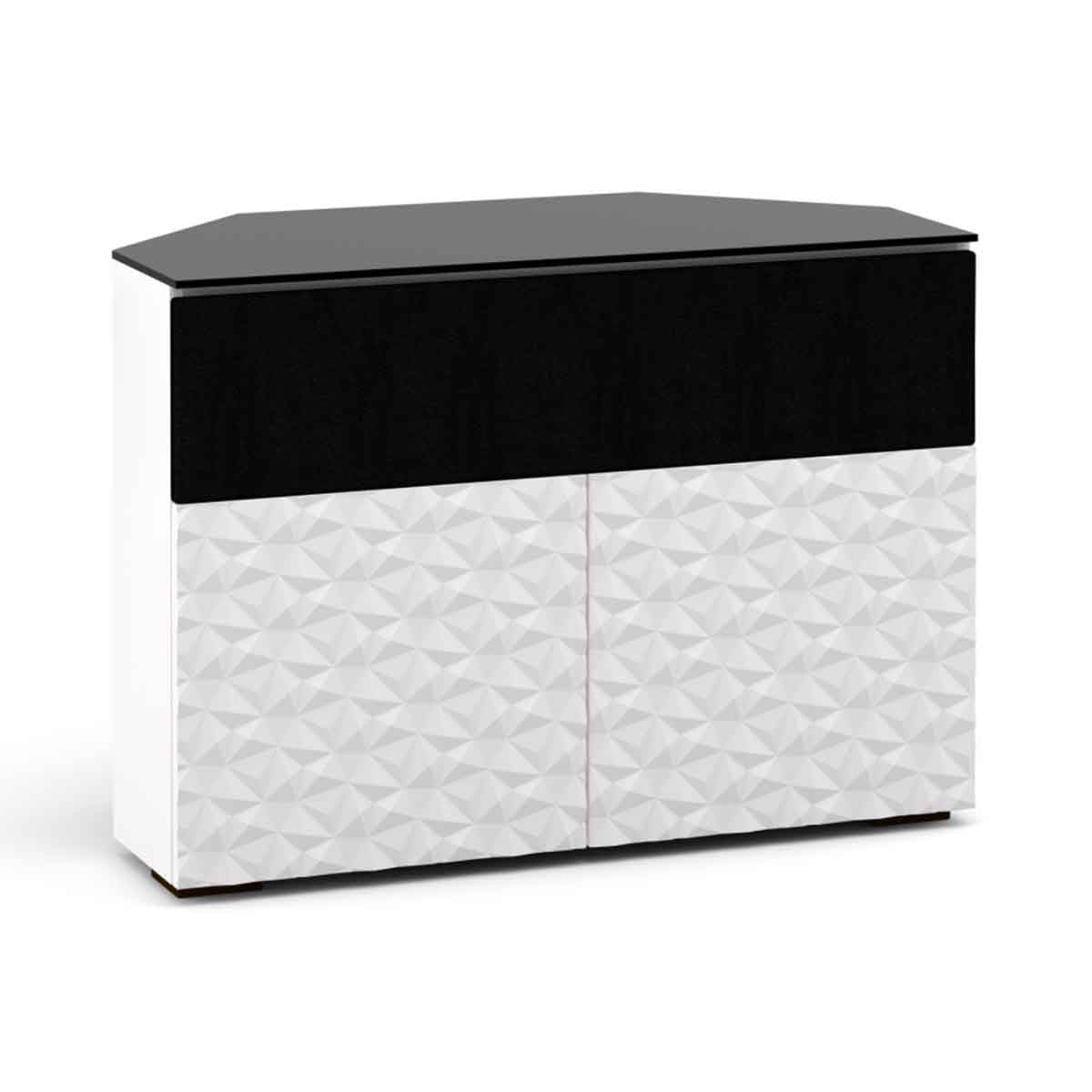 Salamander Designs Milan 329 Twin-Width AV Cabinet with Center Speaker Opening Corner in White and Black Glass